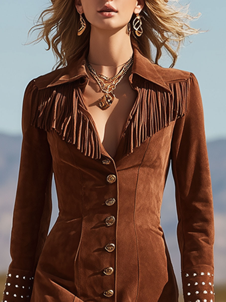 Western Retro Brown V-Neck Tassel Long Sleeve Mini Dress