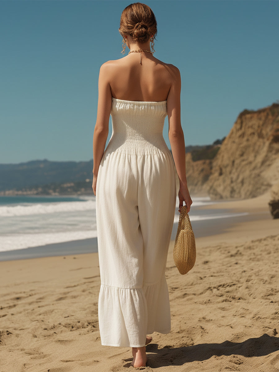 Casual Vacation Off-White Cotton Linen Sleeveless Loose Jumpsuit