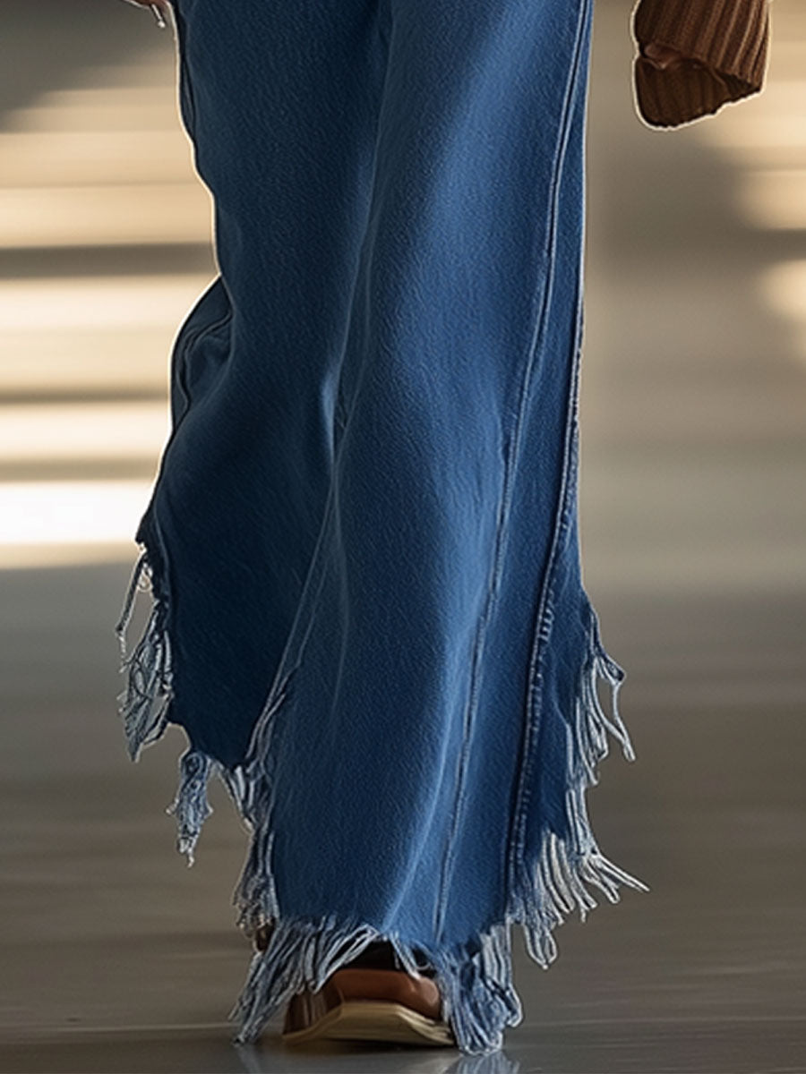 Vintage Casual Loose Raw Edge Wide Leg Flared Blue Jeans