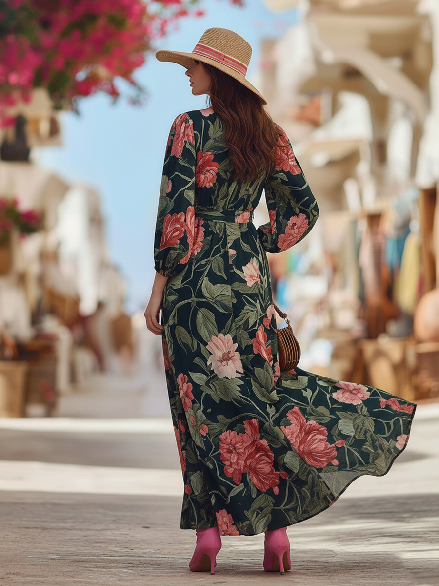 Romantic Vacation-style Floral Print Chiffon Maxi Dress