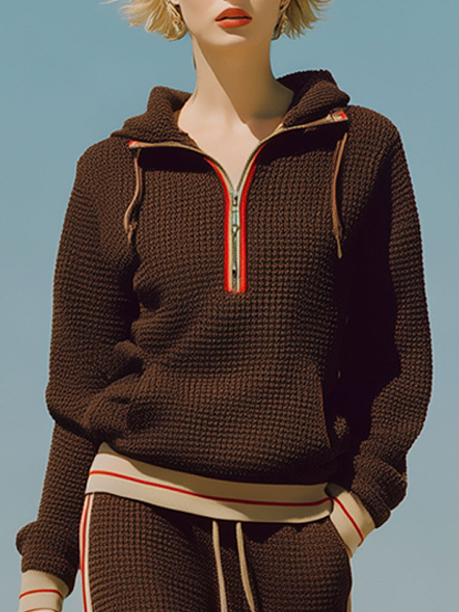 Vintage Long Sleeve Striped Trim Hooded Sweatshirt Cocoa Brown Waffle Set