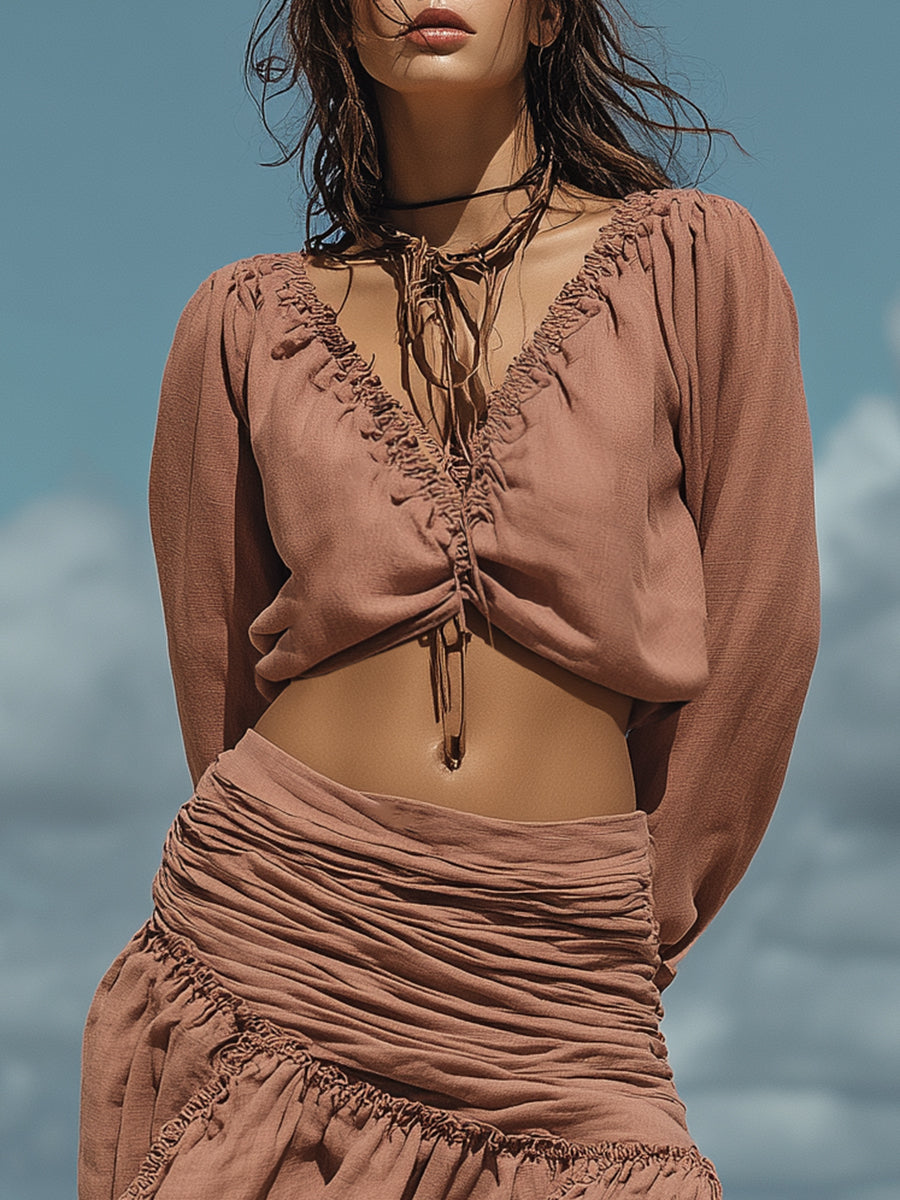 Fashionable Vacation-style Dusty Pink Cotton Linen V-neck Top And Pleated Long Skirt Se