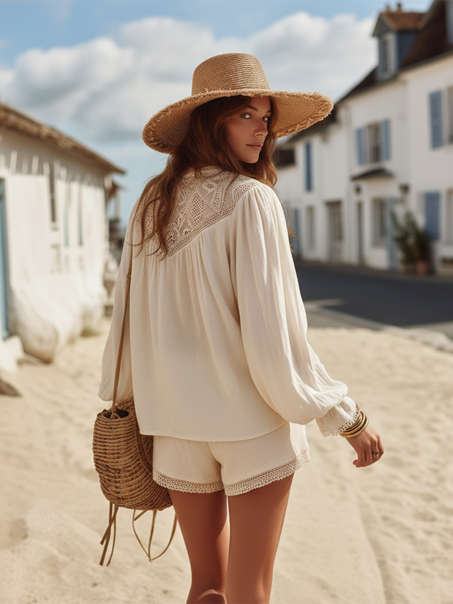 Bohemian Style Lace-collar Beige Long-sleeved Top And Shorts Set