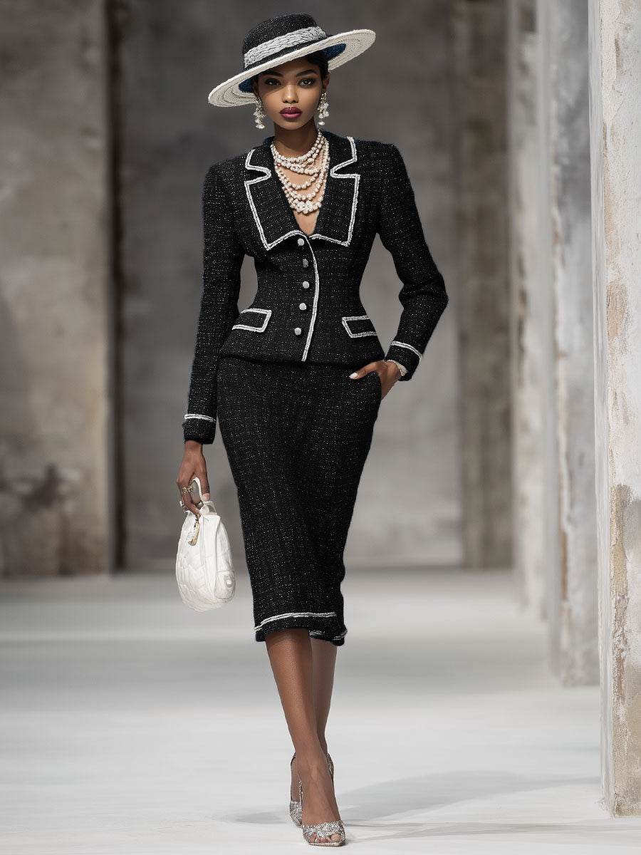 Elegant Lapel Single-breasted Blazer And Skirt Tweed Two-piece Suit