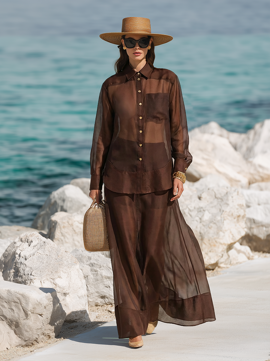 High-end Chic Dark Brown Faux Silk Sheer Shirt And Skirt Set