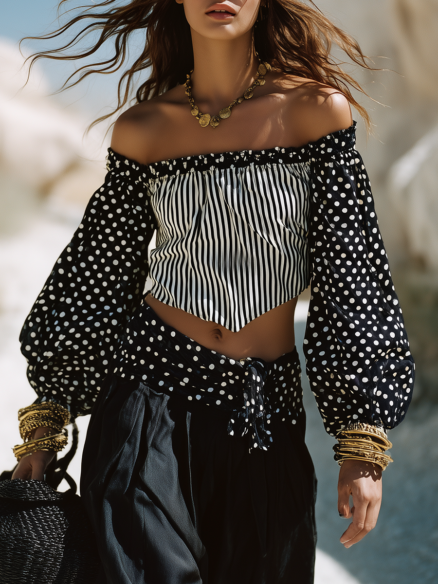 Bohemian Off-the-shoulder Polka Dot And Striped Patchwork Top With Black Wide-leg Pants Set