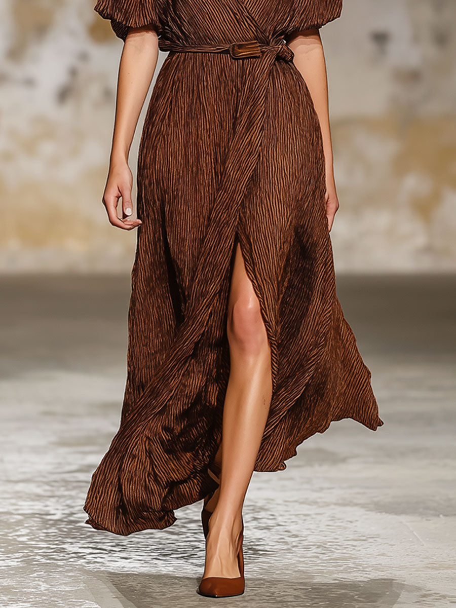 Retro V-Neck Chocolate Texture Wrinkled Lace-Up Short-Sleeved Maxi Dress
