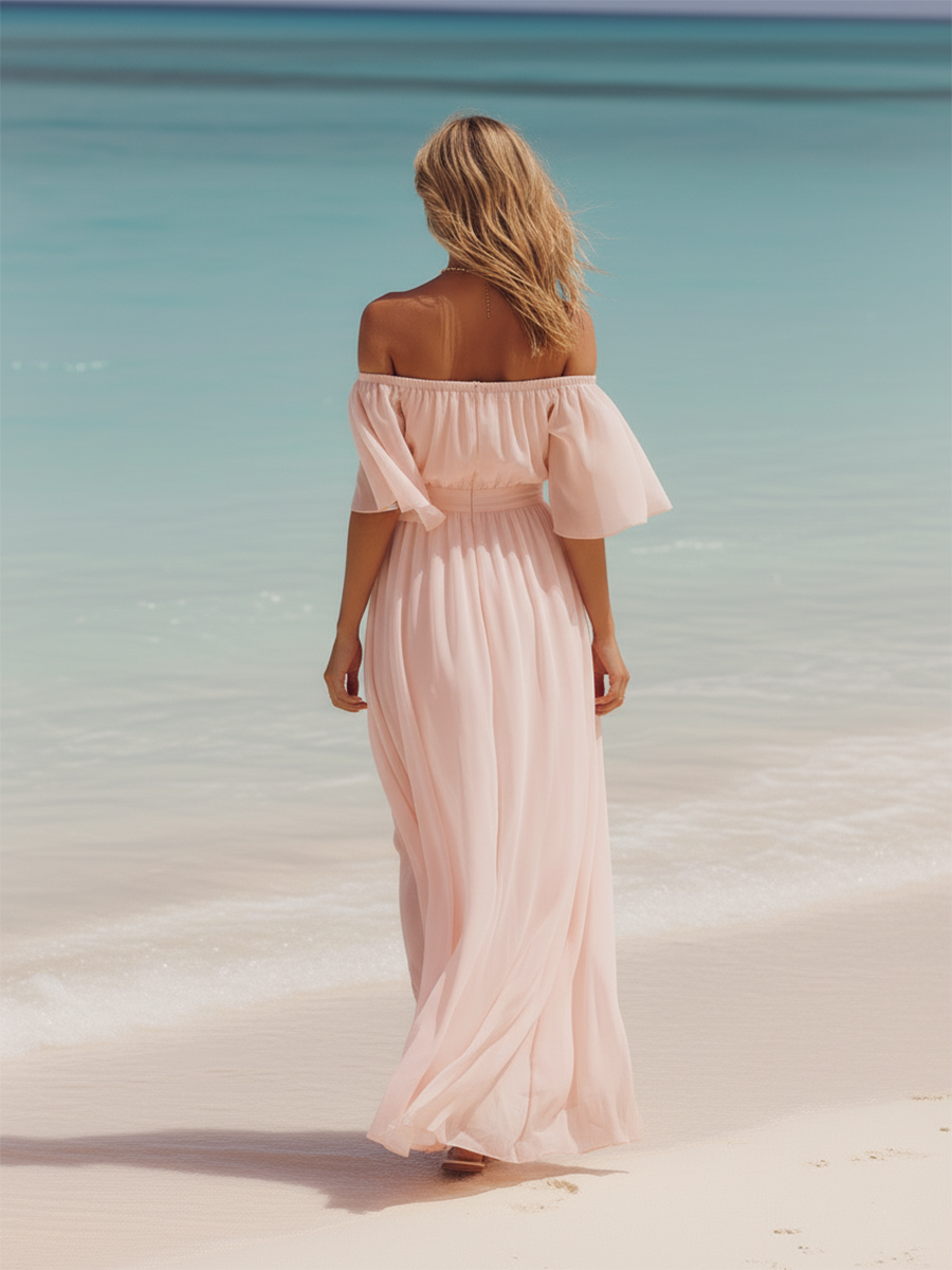Pink Resort-style Chiffon Off-the-shoulder Short-sleeved Maxi Dress