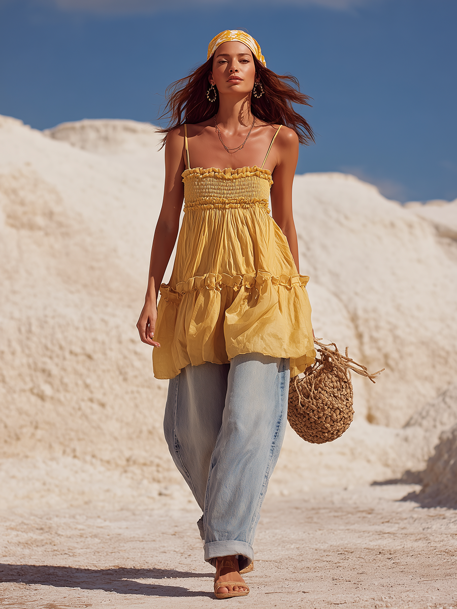 Bohemian Style Yellow Spaghetti Strap Top