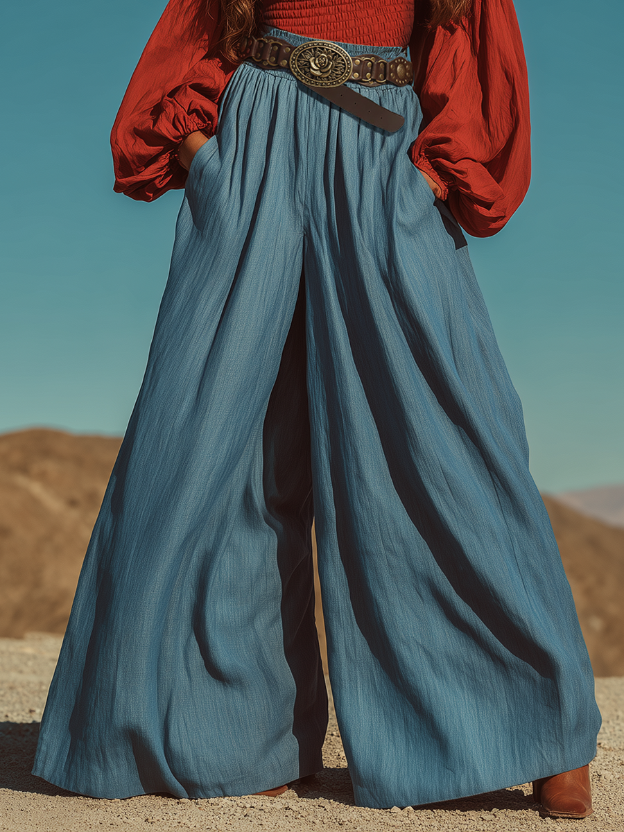 Retro Bohemian Red Cotton Off-Shoulder Top And Blue Tencel Wide-Leg Pants Set