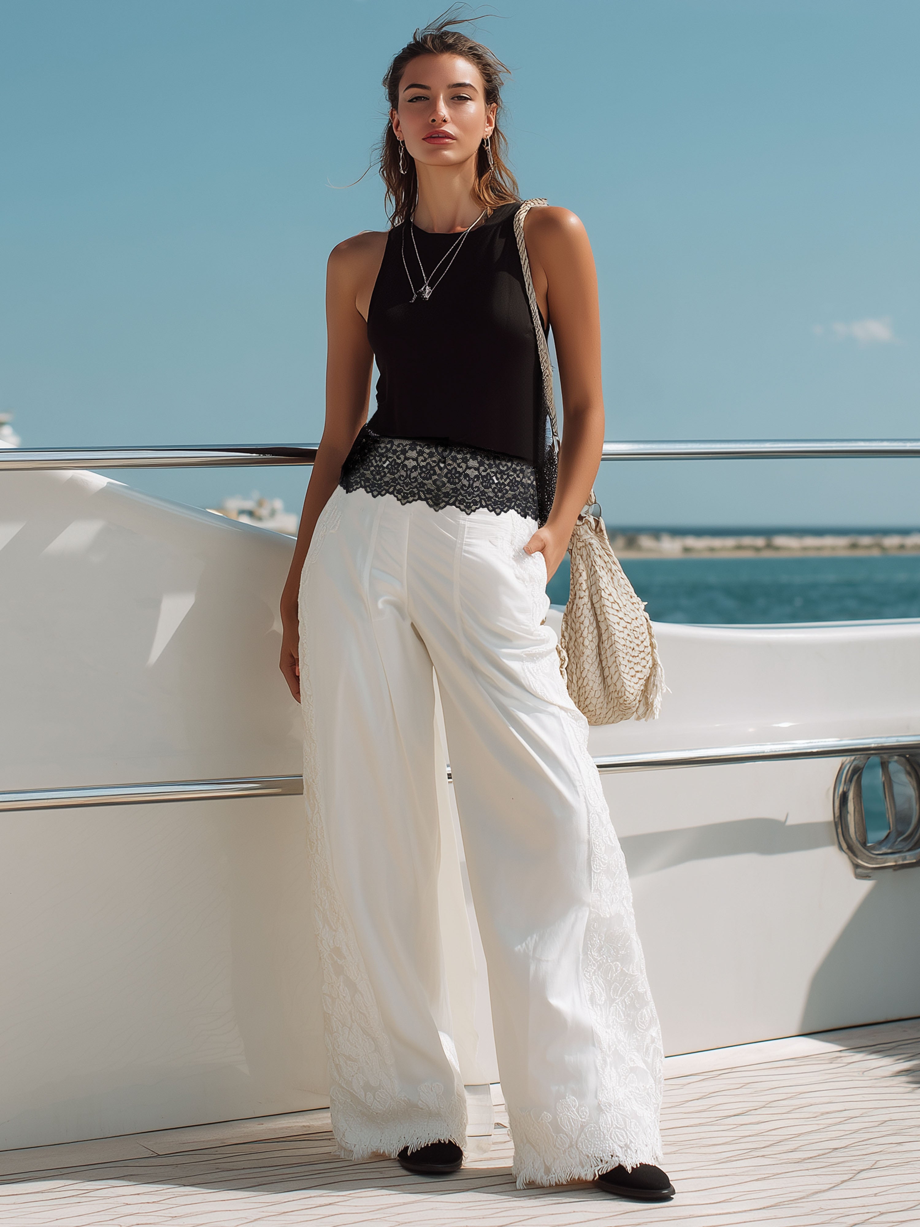 Elegant Vacation-Style Black Lace-Trimmed Top And White Trousers Set