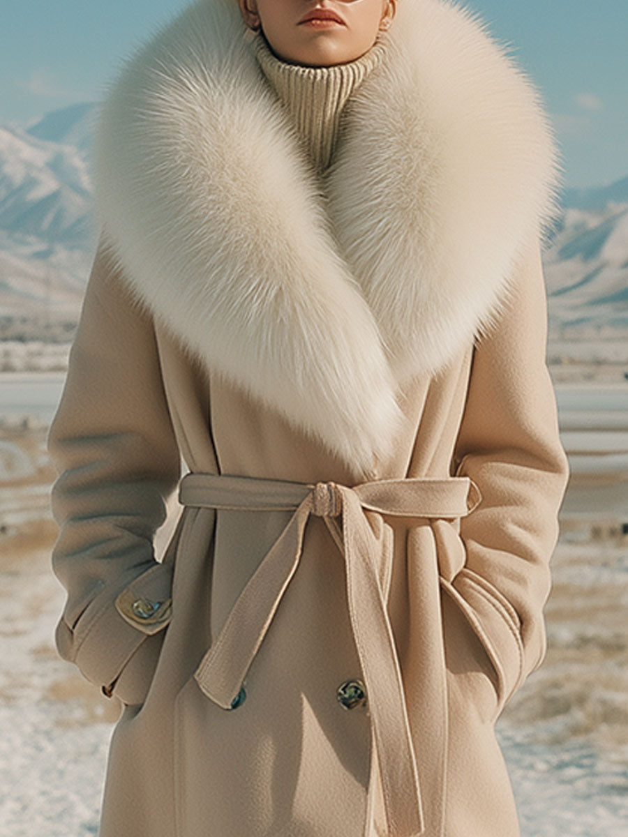 Retro Fashion Khaki Fur Collar Button Wool Coat