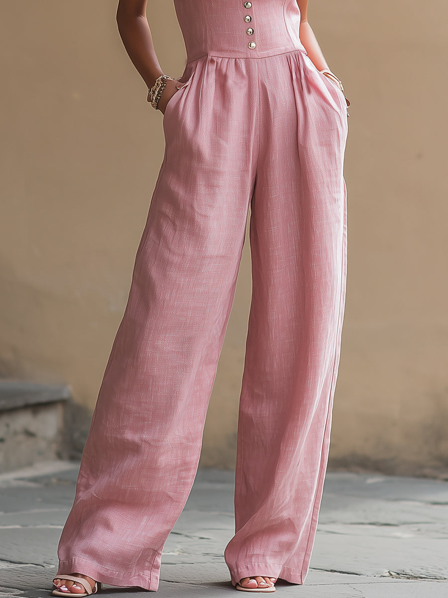 Fashionable Vacation Pink Cotton Linen Ruffled Button Sleeveless Jumpsuit