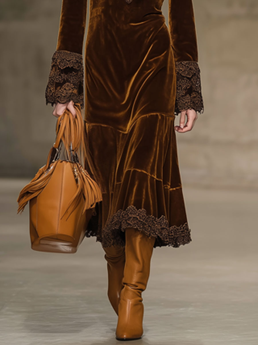 Vintage Caramel Brown Velvet Lace Long Sleeve Dress