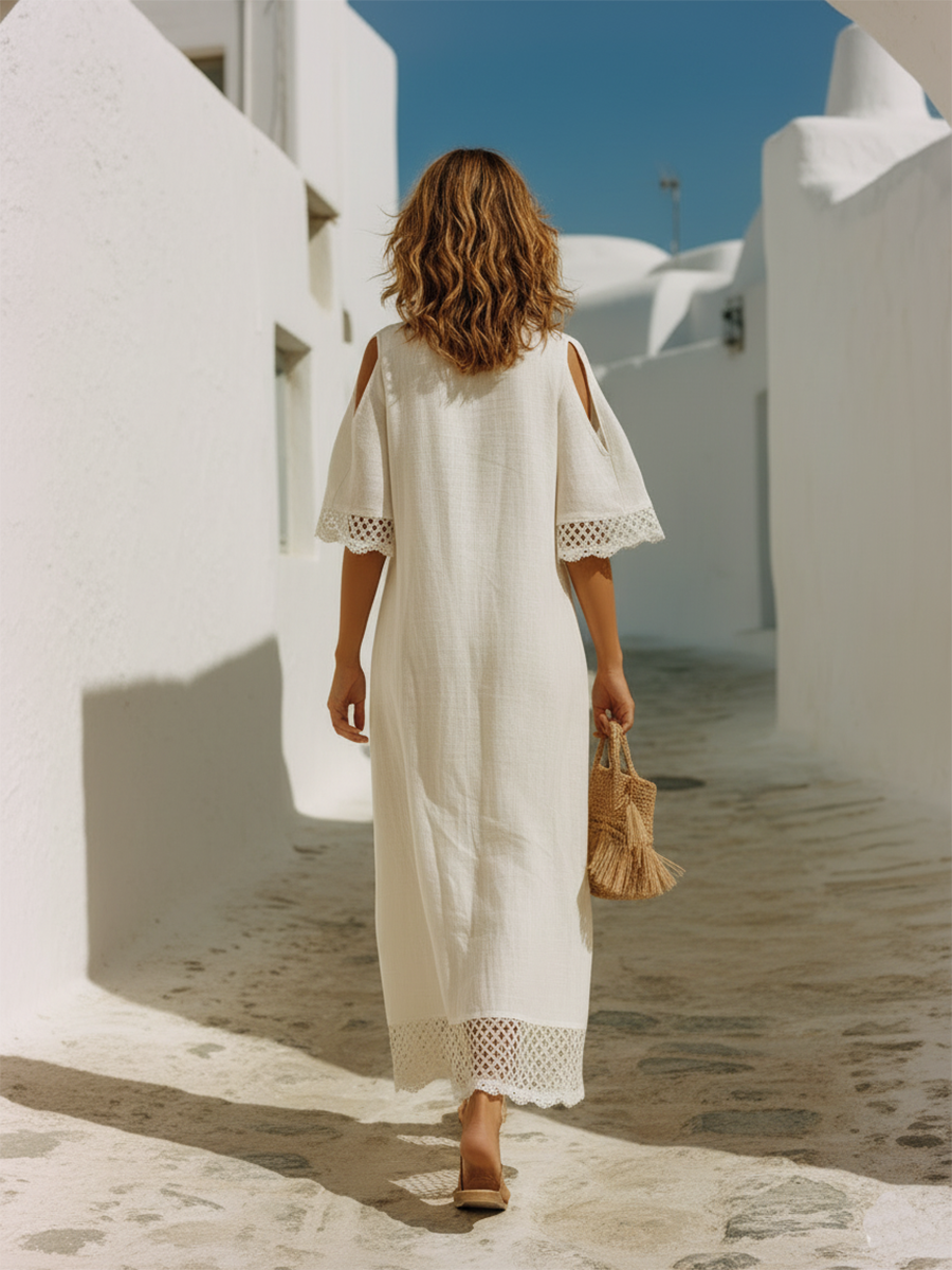 Vacation-style Cotton And Linen Patchwork Short-sleeved Maxi Dress