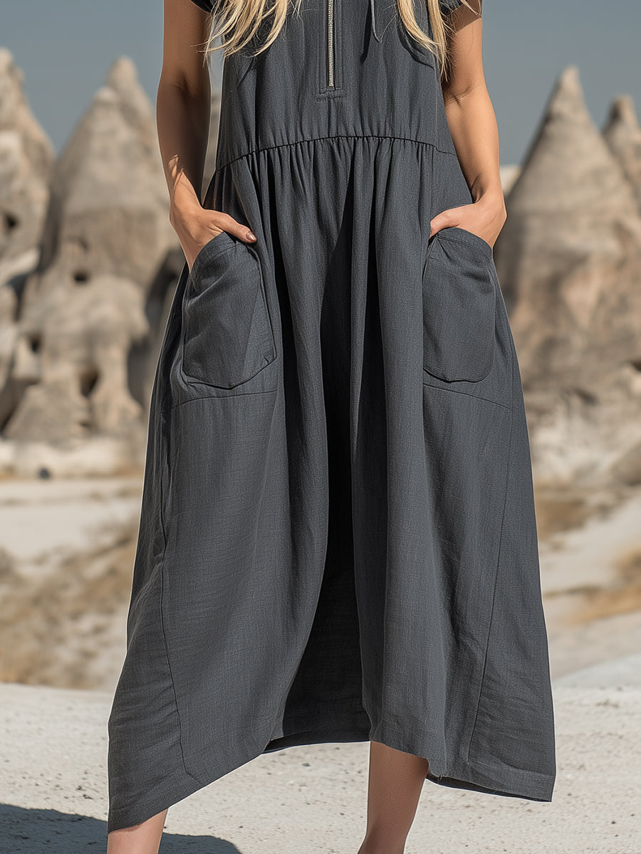 Desert Functional Charcoal Gray Cotton Linen Hooded Half-zip Midi Dress