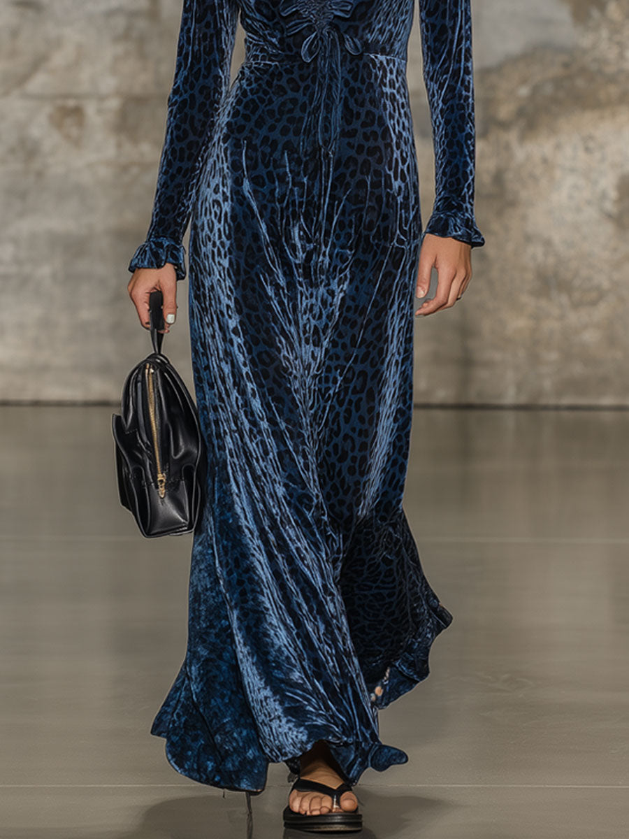 Retro Lake Blue Velvet Long Sleeve Ruffled V-Neck Maxi Dress