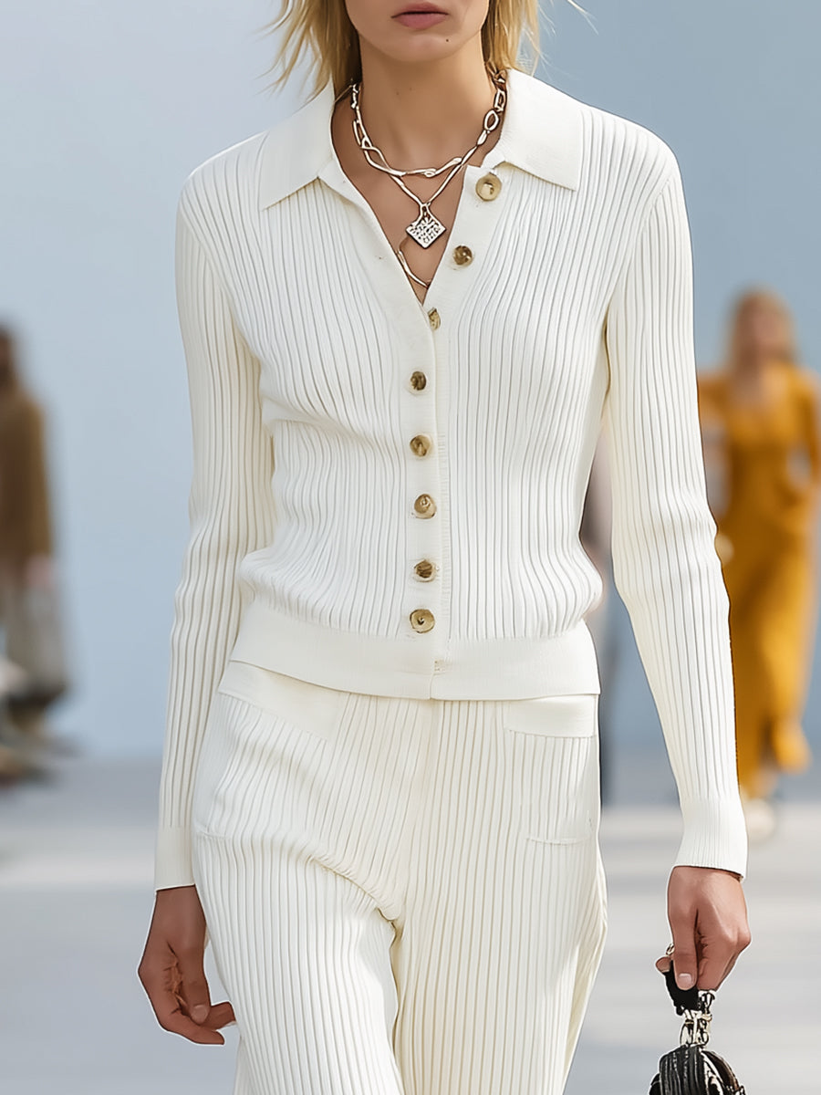 Simple Old Money Style Button Decoration Off-white Knitted Cardigan Trousers Set