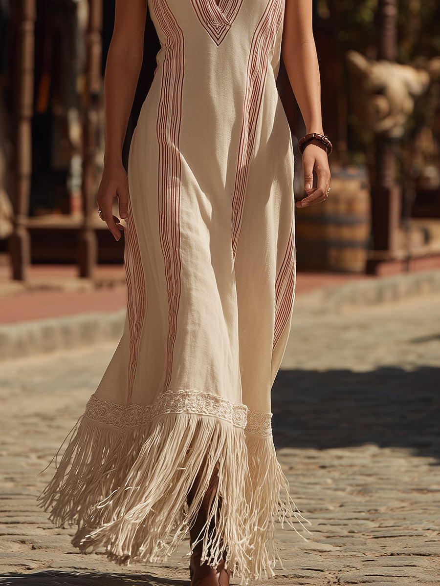 Bohemian Ethnic Style Red Striped Beige Cotton Linen V-neck Tassel Maxi Dress