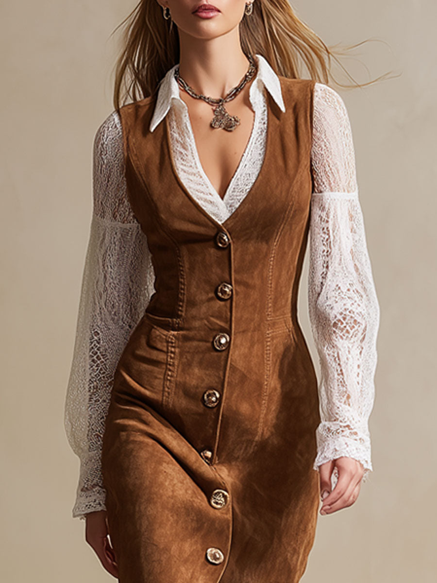 Vintage Caramel Suede Lace Long Sleeve Midi Dress
