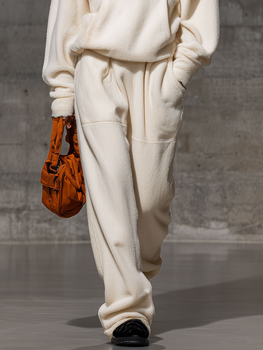 Casual Loose Sports Cream White Coral Fleece Sweatshirt Pants Set