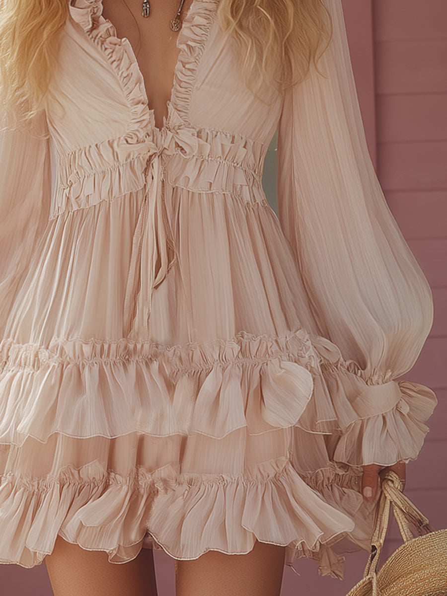 Fashionable And Sweet Light Pink Chiffon Ruffled Mini Dress