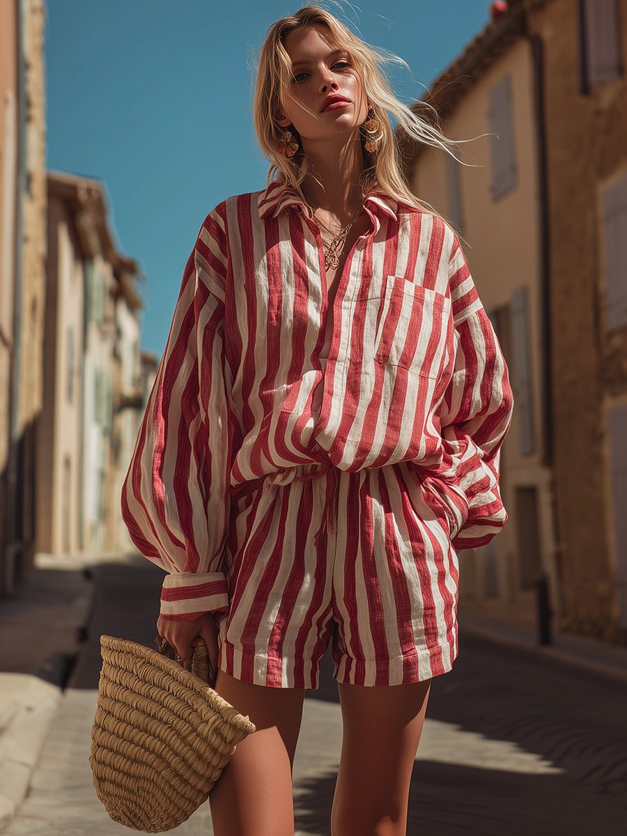 Italian-style Resort Red And White Striped Cotton And Linen Loose Shirt And Shorts Set