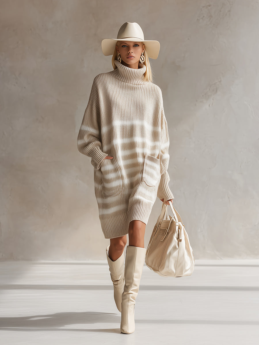 Casual Loose Turtleneck Apricot Striped Knit Mini Dress