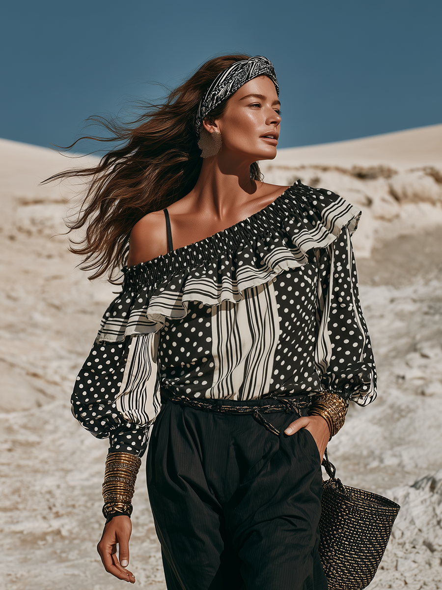 Stylish And Sophisticated Polka Dot And Stripe Patchwork Ruffle Blouse