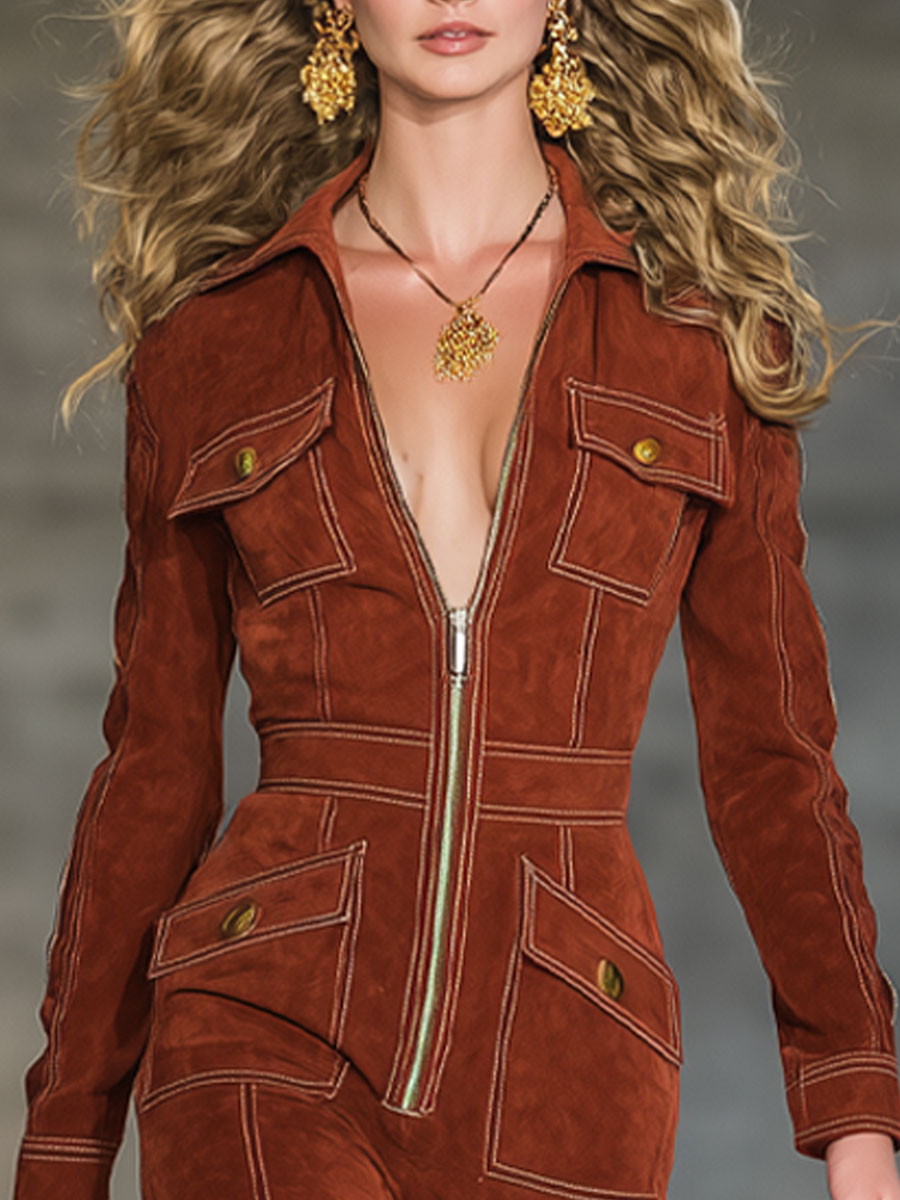 Fashionable And Casual Reddish-Brown Eco-Friendly Suede Lapel Long-Sleeved Jumpsuit