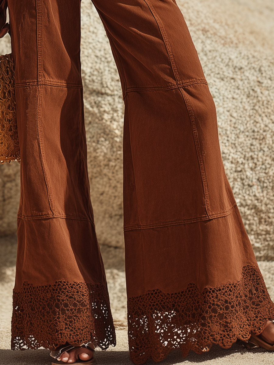 Resort-style Brown Denim Patchwork Lace Trousers