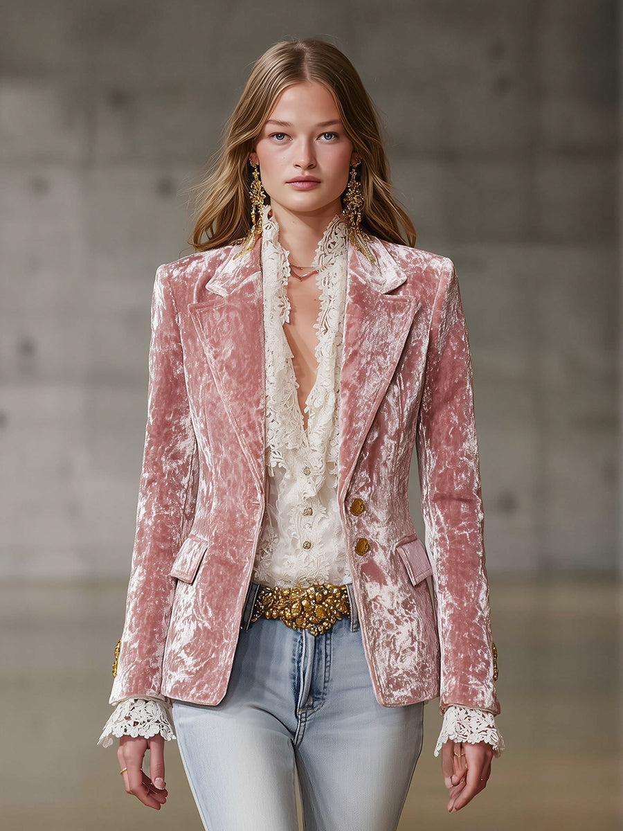 Fashion Retro Pink Velvet Gold Button Suit