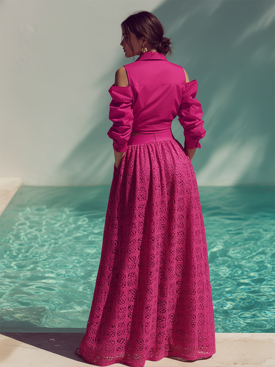 Romantic Vacation Off-Shoulder Twisted Shirt And Cotton Lace Skirt Set