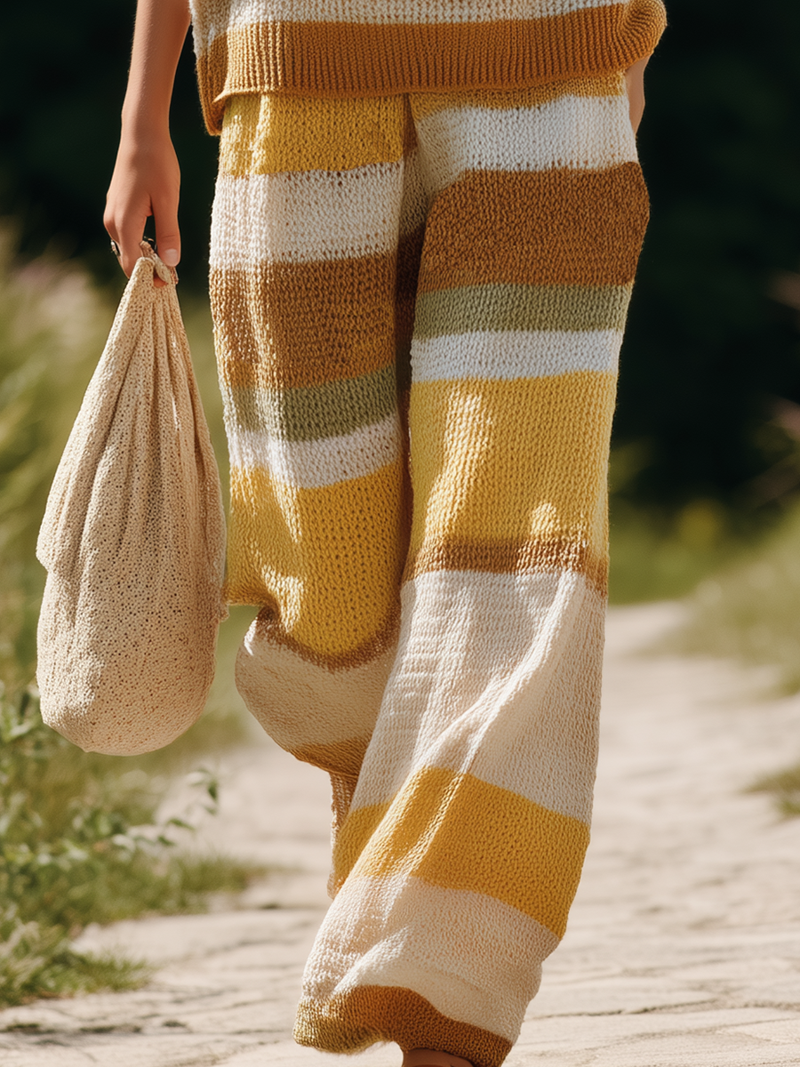 Bohemian Style Knitted Sleeveless V-neck Top And Trousers Set