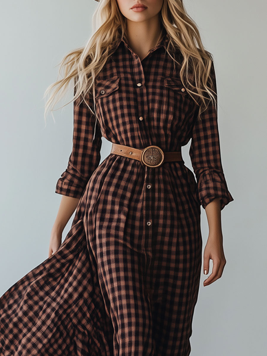 Casual Vintage Brown Plaid Long Sleeve Shirt-Style Tie Midi Dress