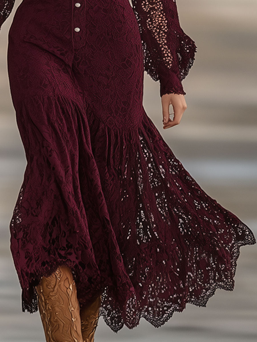 Vintage Purple Lace Long Sleeve Shirt-Style Lace-Up Maxi Dress