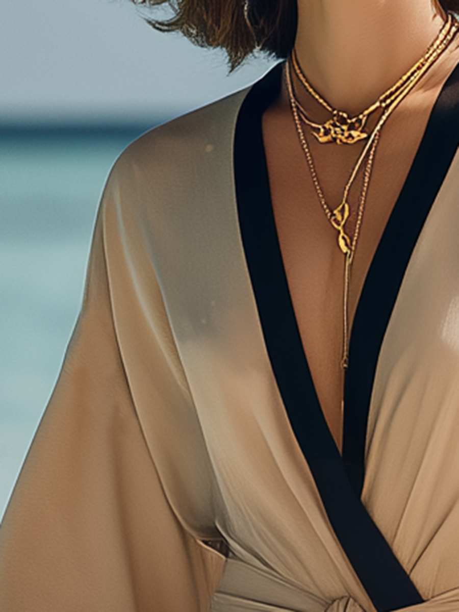 Vacation-style Cotton V-neck Long-sleeved Maxi Dress