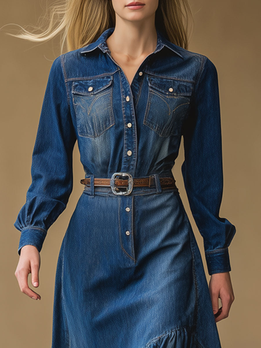 Vintage Lace-Up Blue Denim Long Sleeve Ruffled Shirt-Style Midi Dress