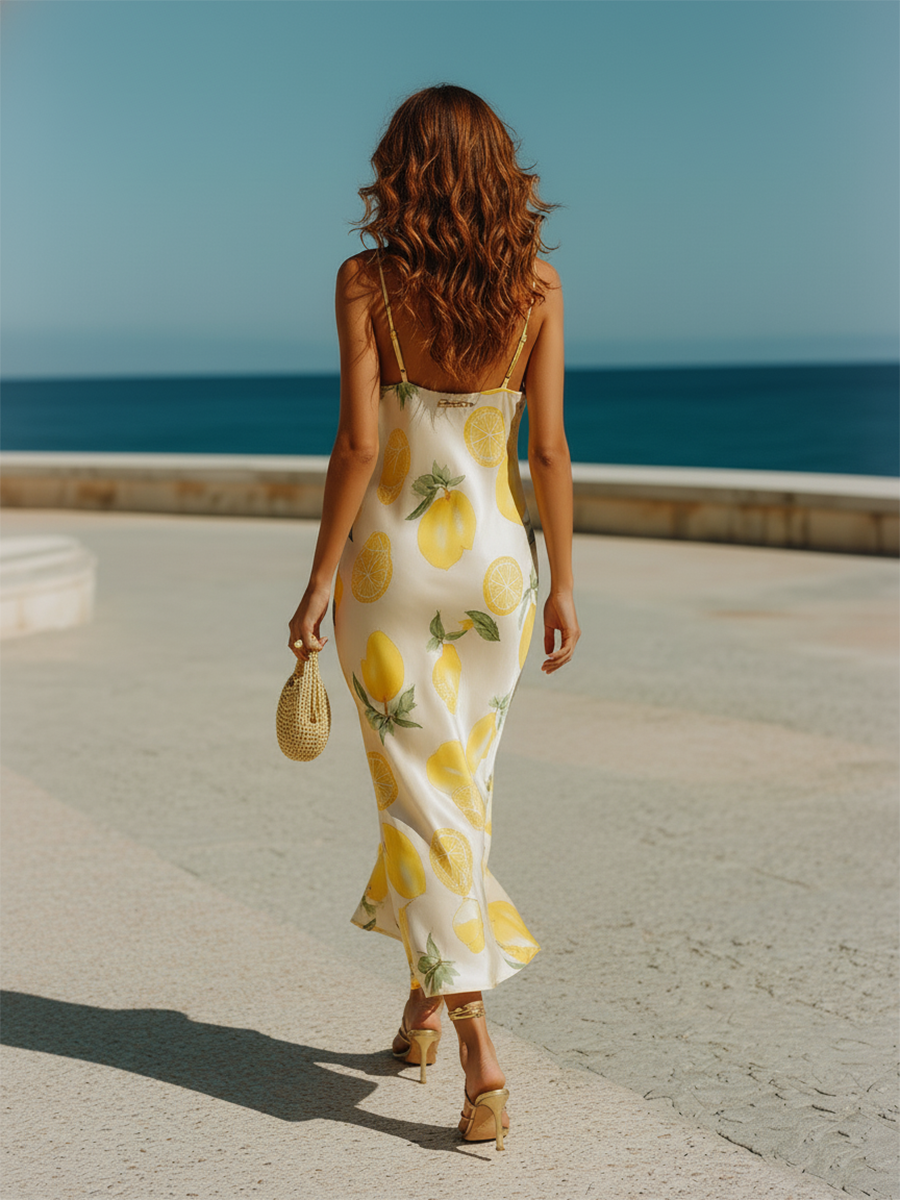 Vacation-style Strappy Printed Satin Maxi Dress