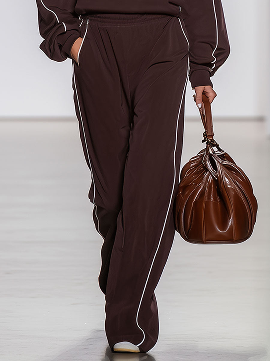 Retro Sports Lapel Half Zipper White Trim Brown Sports Suit