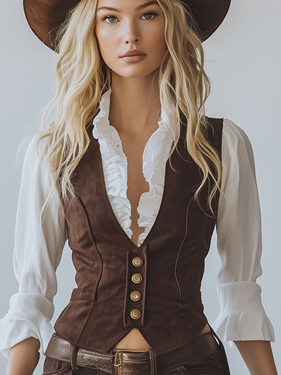 Vintage Chocolate Suede Vest Lace-Up Ruffle Shorts Set