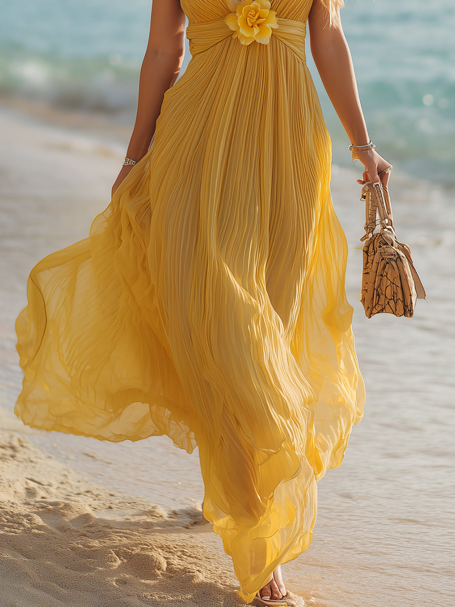 Bohemian Yellow Chiffon V-neck Halter Neck Pleated Maxi Dress