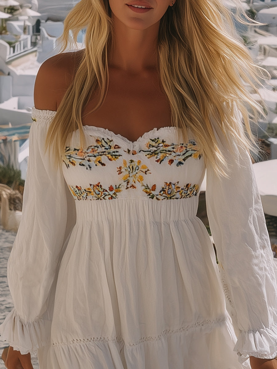 French Pastoral Style Embroidered Off-shoulder White Ruffled Mini Dress