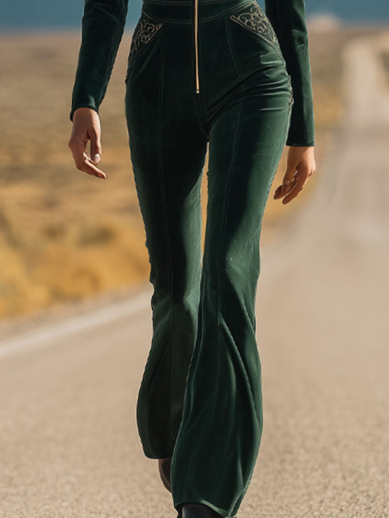 Fashionable And Casual Dark Green Eco-Friendly Suede Lapel Embroidered Long-Sleeved Jumpsuit