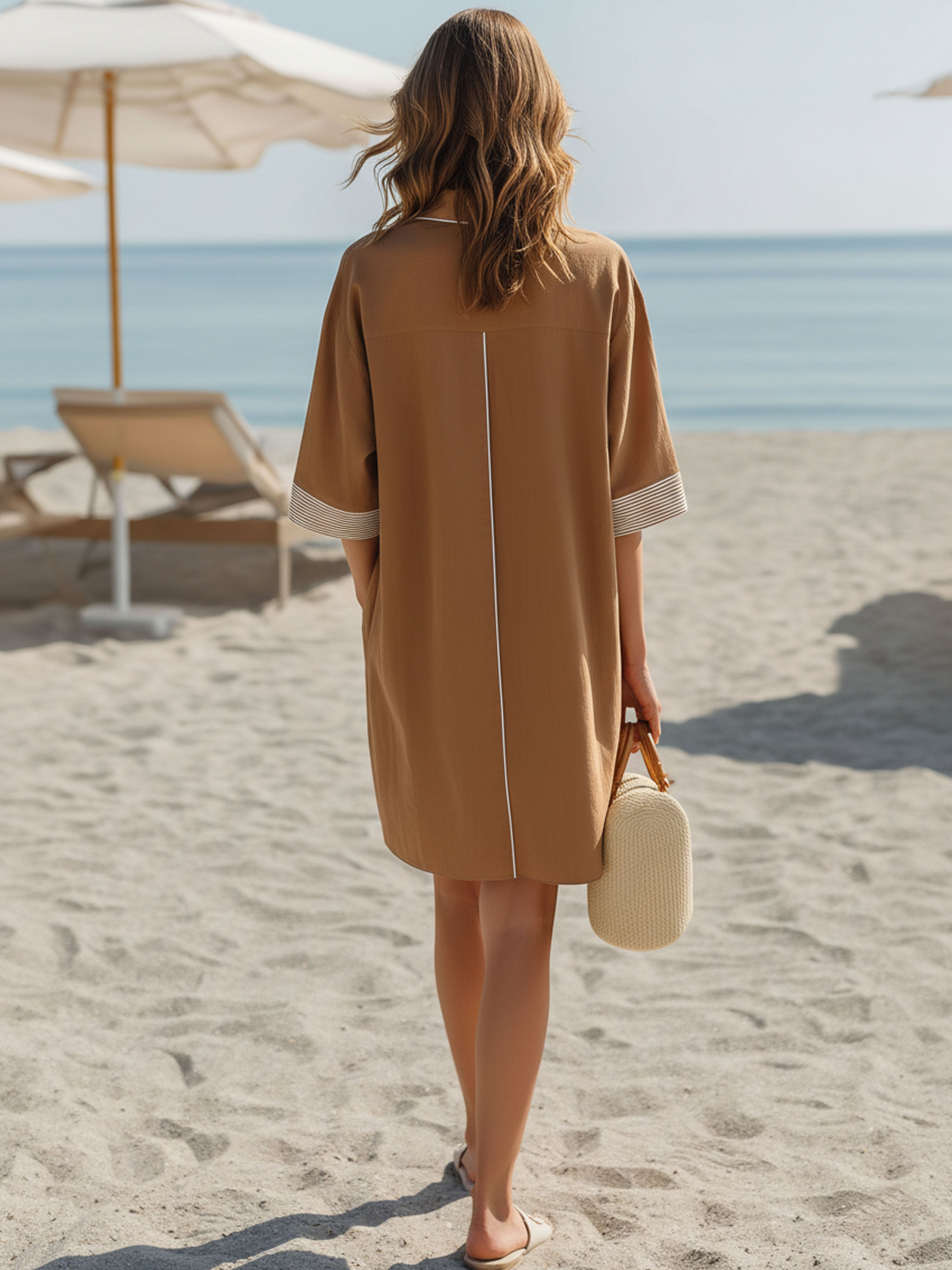 Resort Brown Shirt Collar With White Stripes Mini Dress