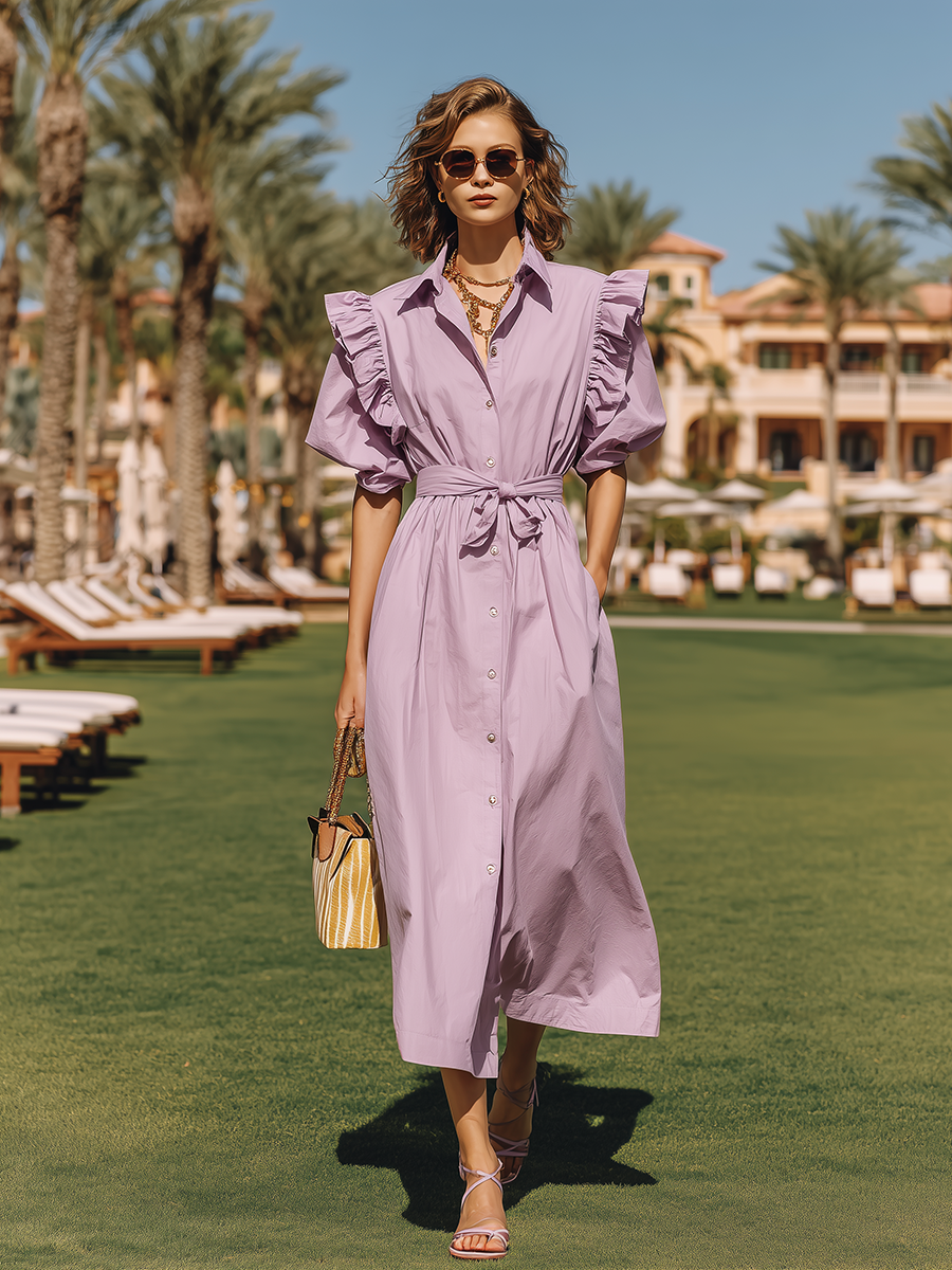 Purple Resort-style Cotton Shirt Collar Midi Dress