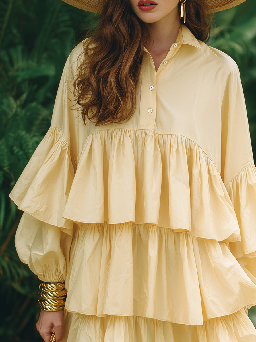 Romantic Vacation Style Ruffled Hem Yellow Cotton Long-sleeved Mini Dress