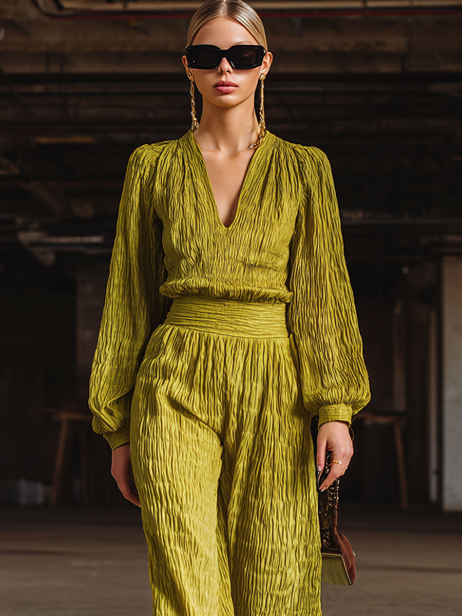 Retro Avocado Green Textured Wrinkled Long Sleeve Elastic Waist Wide Leg Jumpsuit