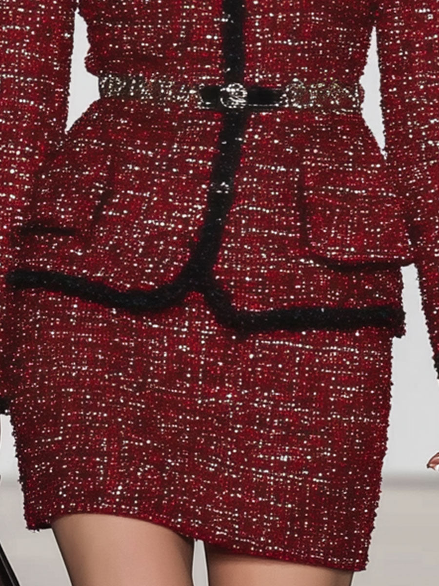 Fashion Retro Black Trim Burgundy Tweed Jacket And Skirt Suit