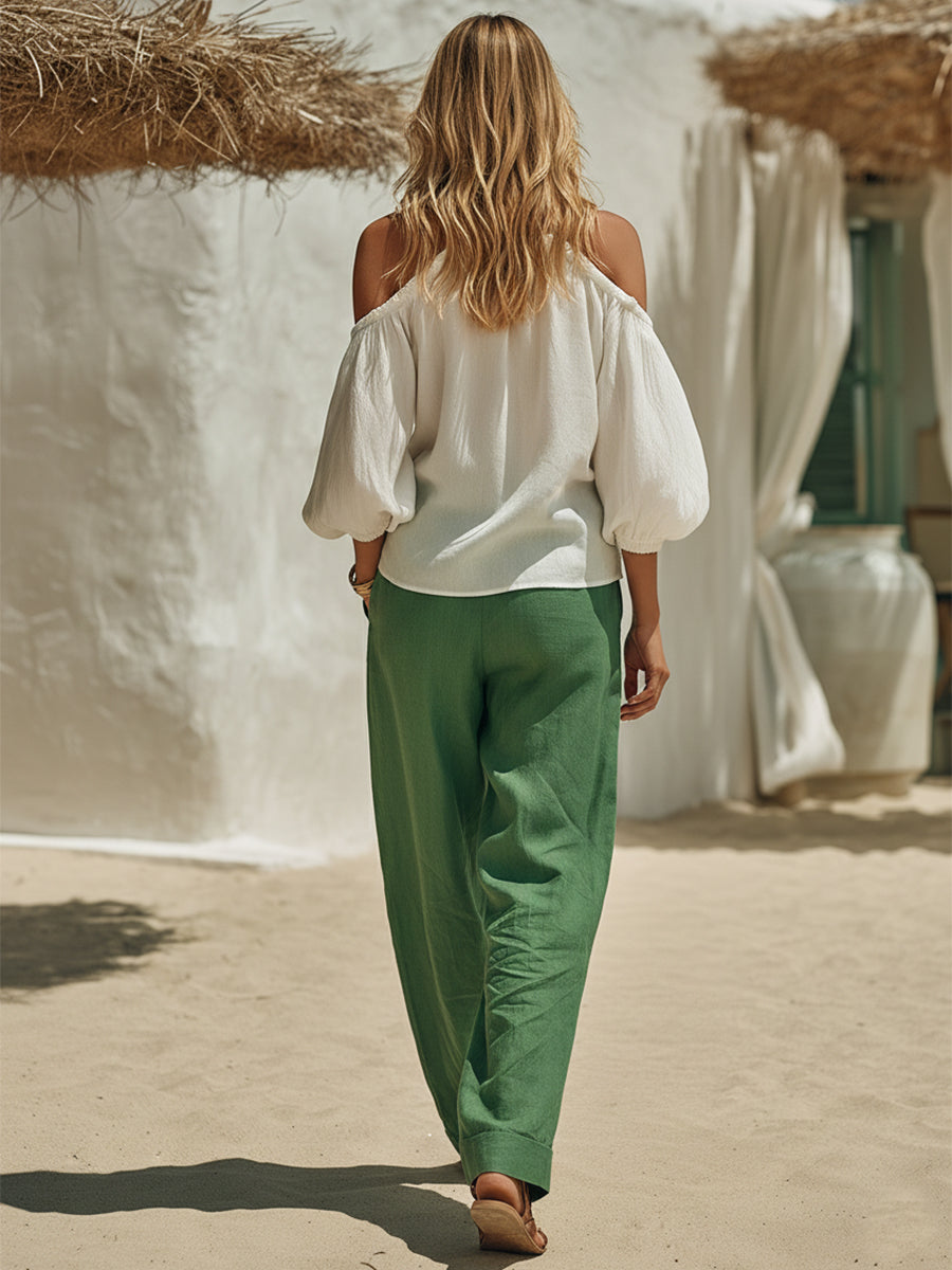 Casual Vacation Green Embroidered White Halter Top And Green Wide-leg Pants Set